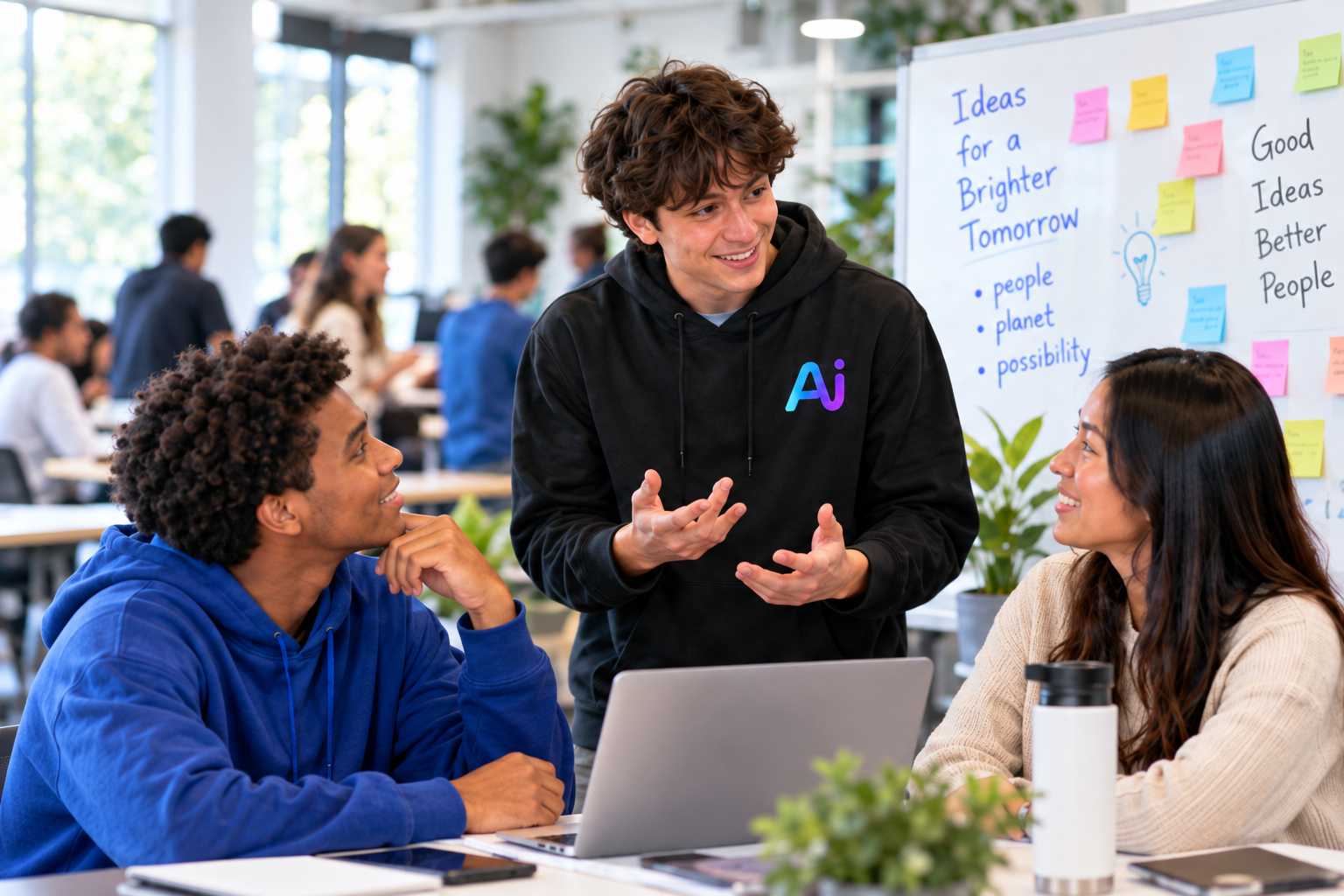 Three young people discussing ideas together around a laptop.